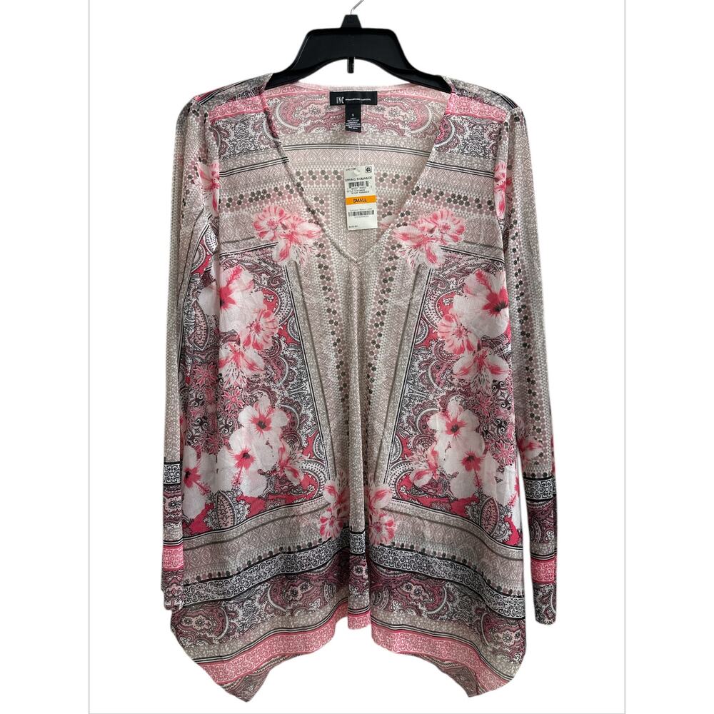 I.N.C. Womens Pink Floral Mesh Cover up Top V-Neck Handkerchief Hem Size Small